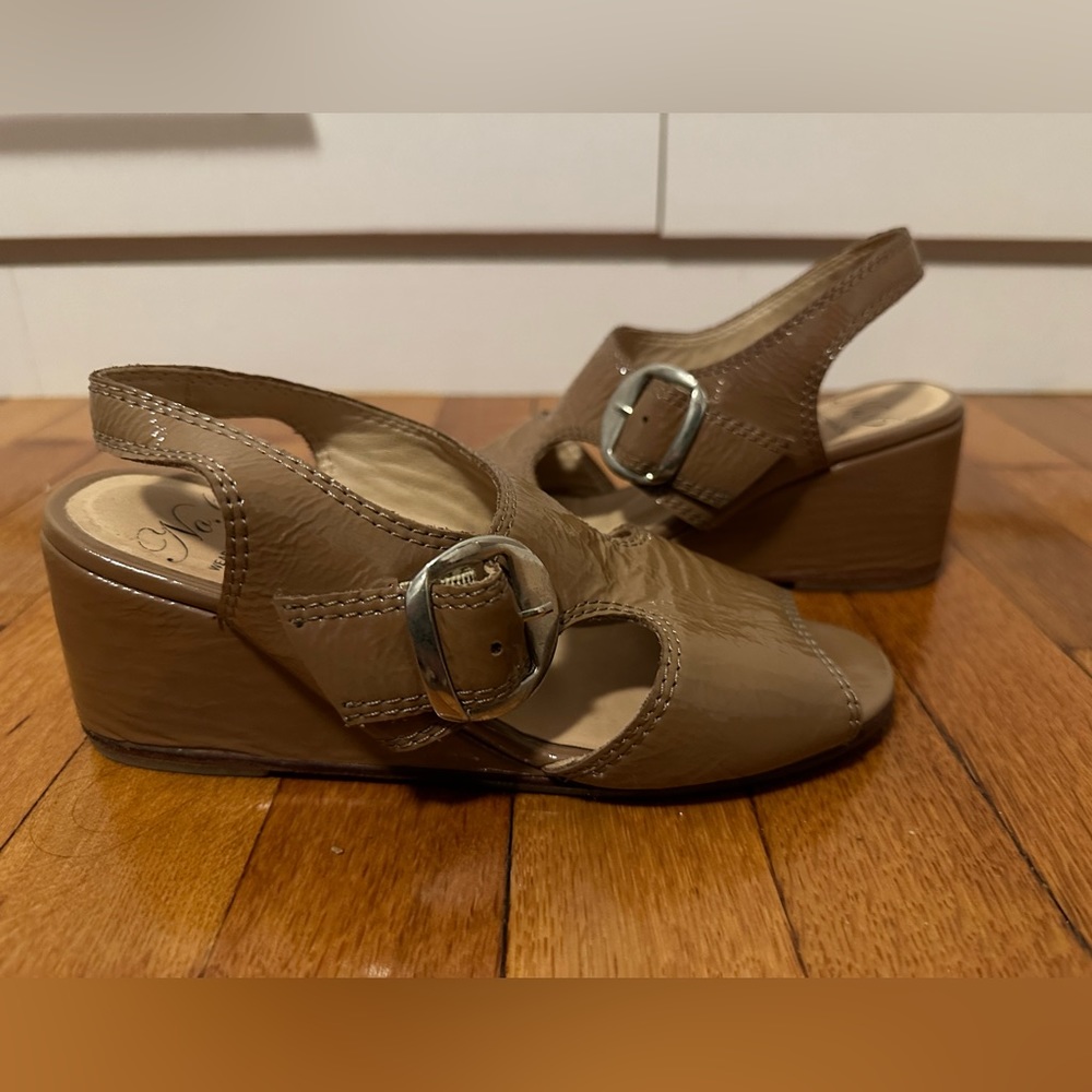 No.6 patent leather wedge sandal with silver buckle size 35